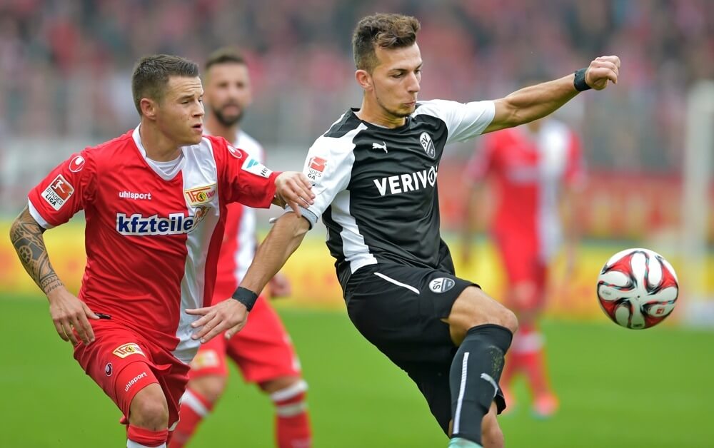 1.FC Union Berlin vs.SV Sandhausen 2014 - Rechts im Bild Leart PAQARADA SVS-Christopher QUIRING Union Bild: AS Sportfotos