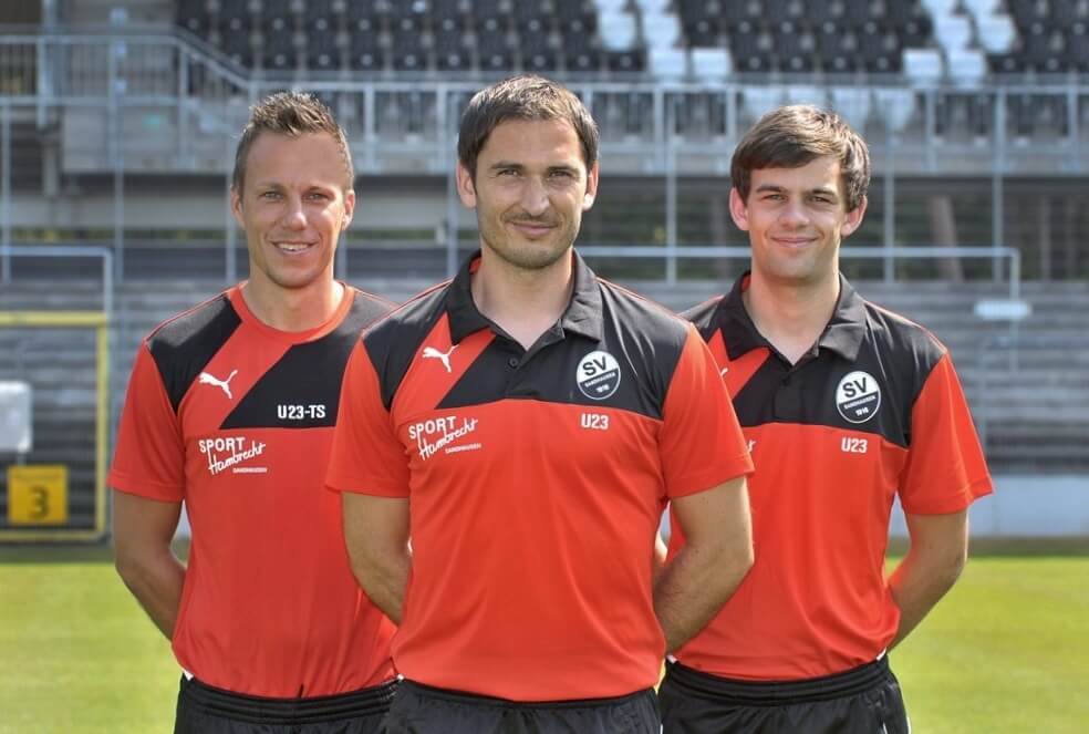 SV Sandhausen U23-Mannschaft 2015/16 l-r:TW Trainer Daniel Klein-Cheftrainer Kristjan Glibo-Co-Trainer Tim Schork. Bild: AS Sportfotos