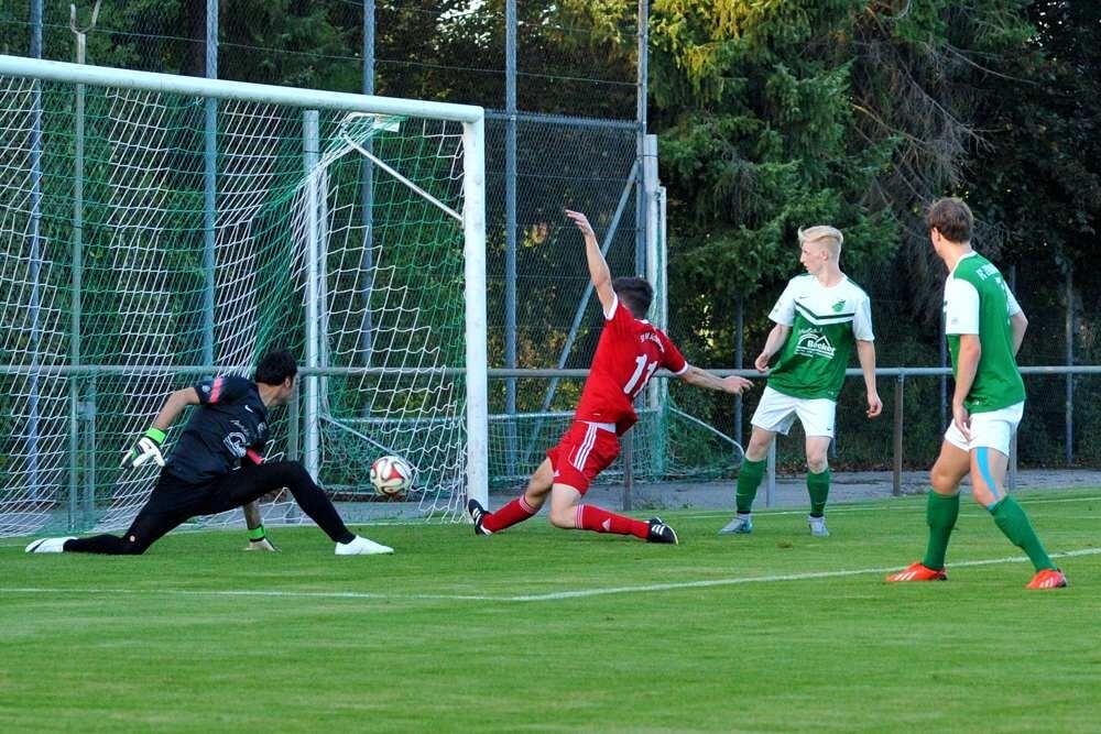 Verbandsliga: Zuzenhausen vs Schwetzingen 1:3 - Das 3:0 durch Daniel Egles (SV Schwetzingen), rechts Lukas Holzer und Stephan Landes (beide FC Zuzenhausen) kommen zu spät.  Bild: Siegfried Lörz